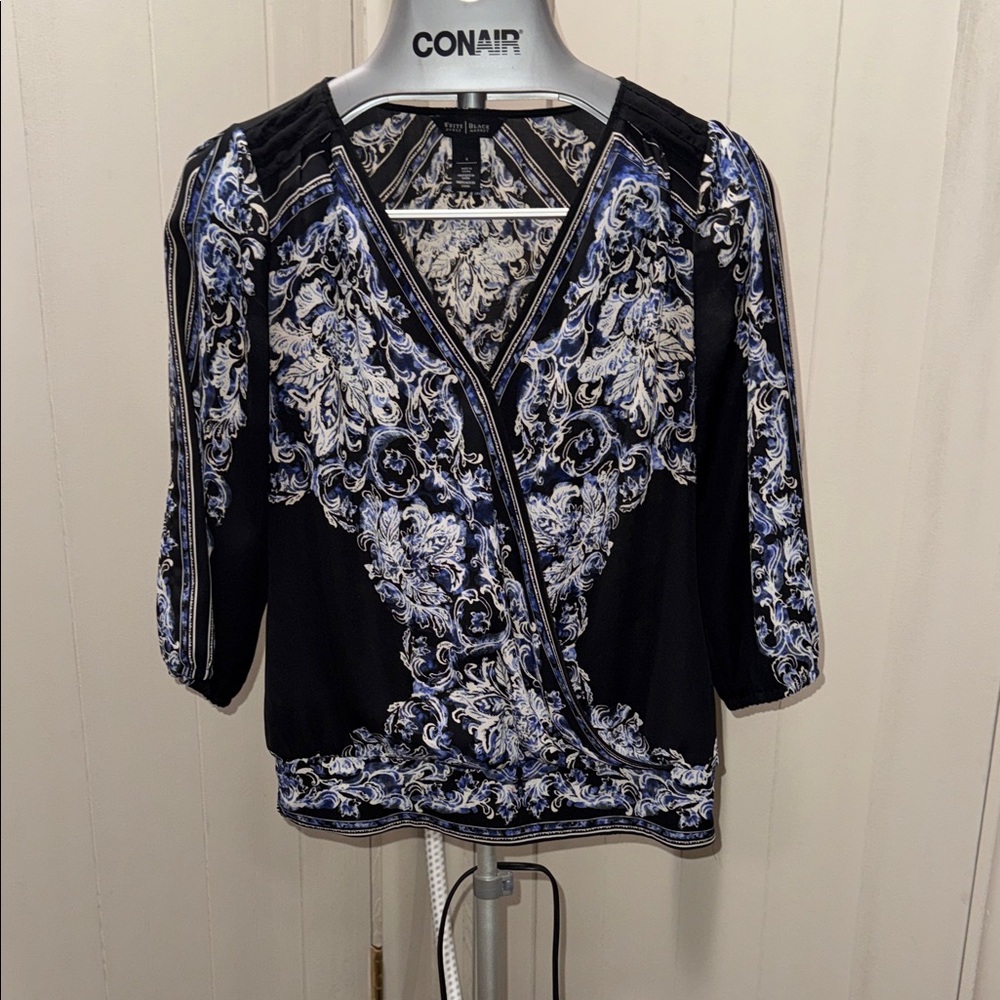 White House Black Market Black and Blue Floral Blouse